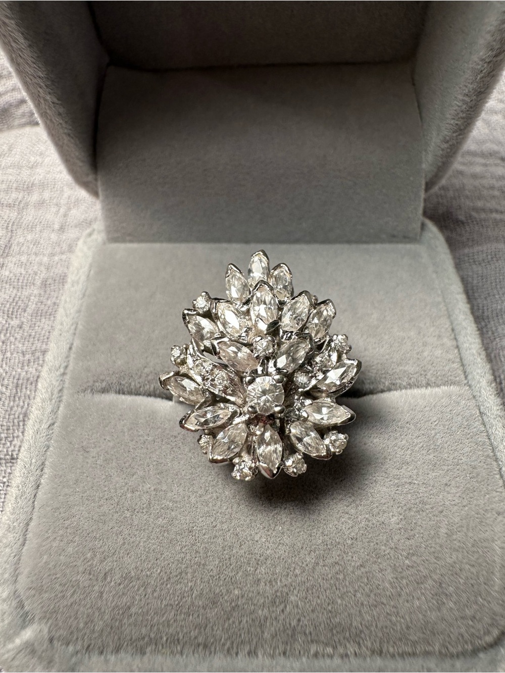 Clear Crystal Floral Cocktail Ring - Silver